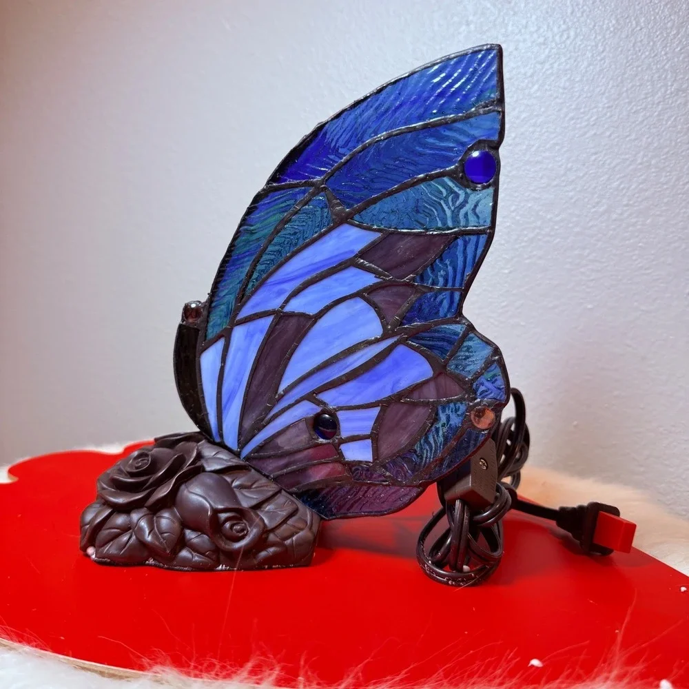 Tiffany Style Stained Glass Blue Butterfly Accent Lamp Rose‎ Floral Base - Picture 7 of 9